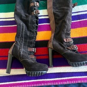 Over-the-Knee Lace-Up Platform Boots in Dark Brown